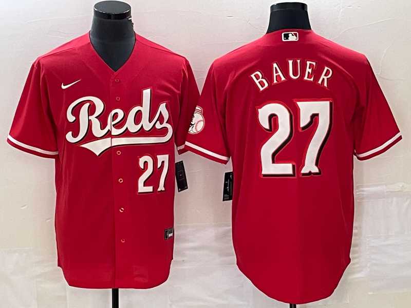 Men%27s Cincinnati Reds #27 Trevor Bauer Number Red Stitched MLB Cool Base Nike Jersey
